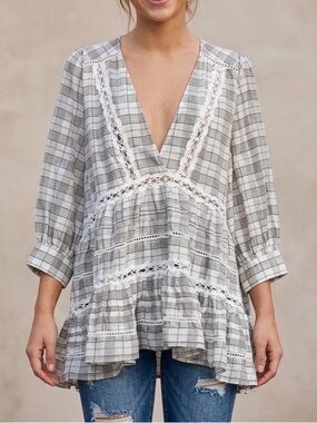 Free People Time Out Brown/Ivory Plaid Lace Crochet Cotton Swingy Tunic Top M